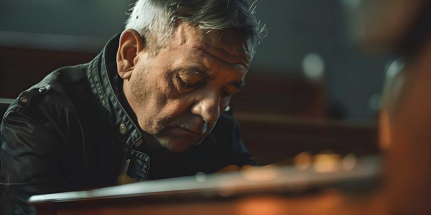 Man writing a eulogy at his desk with sad face